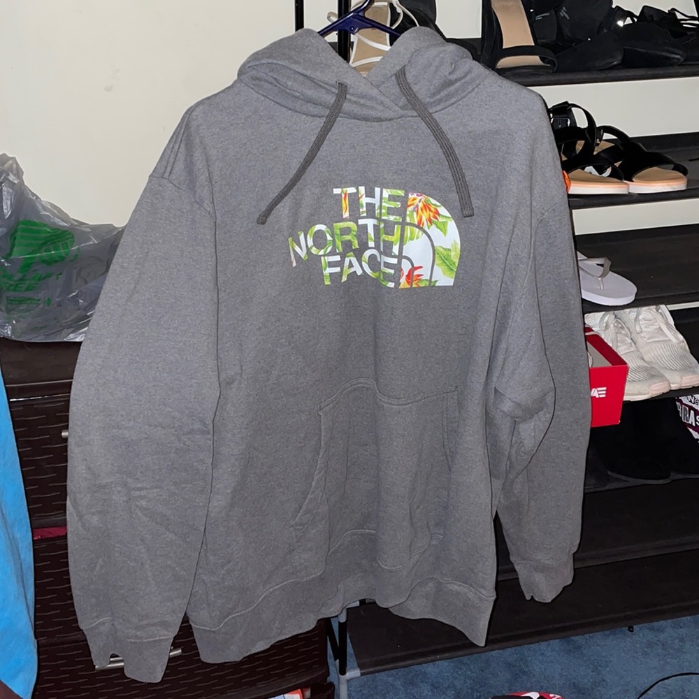 The North Face grey hoodie with floral font